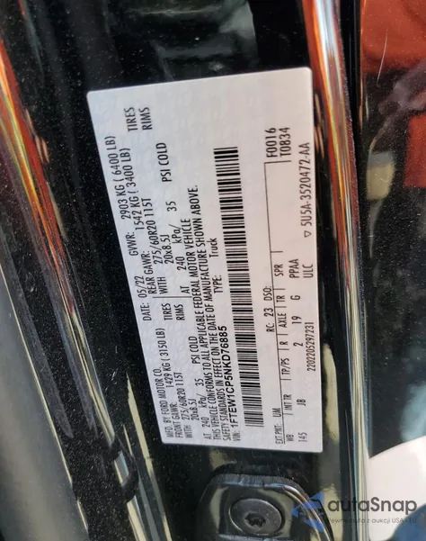 2022 Ford F150 Supercrew z USA, uszkodzony, nr VIN 1FTEW1CP5NKD76885